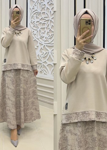 Gri Bağlama Desenli Zincir Detaylı Uzun Elbise - Görsel 2