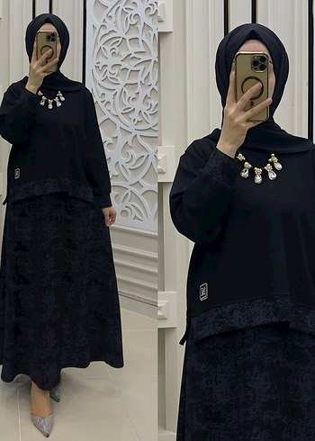 Gri Bağlama Desenli Zincir Detaylı Uzun Elbise - Görsel 4