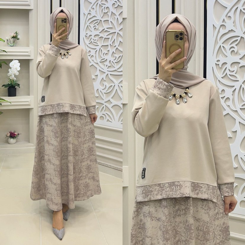 Gri Bağlama Desenli Zincir Detaylı Uzun Elbise - Görsel 2