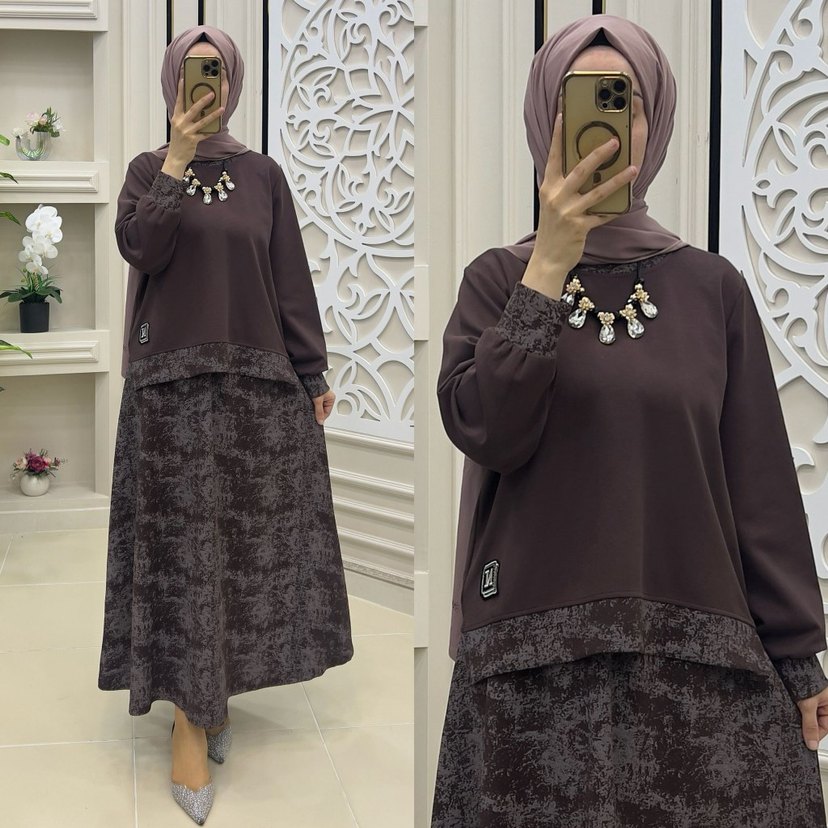 Gri Bağlama Desenli Zincir Detaylı Uzun Elbise - Görsel 3