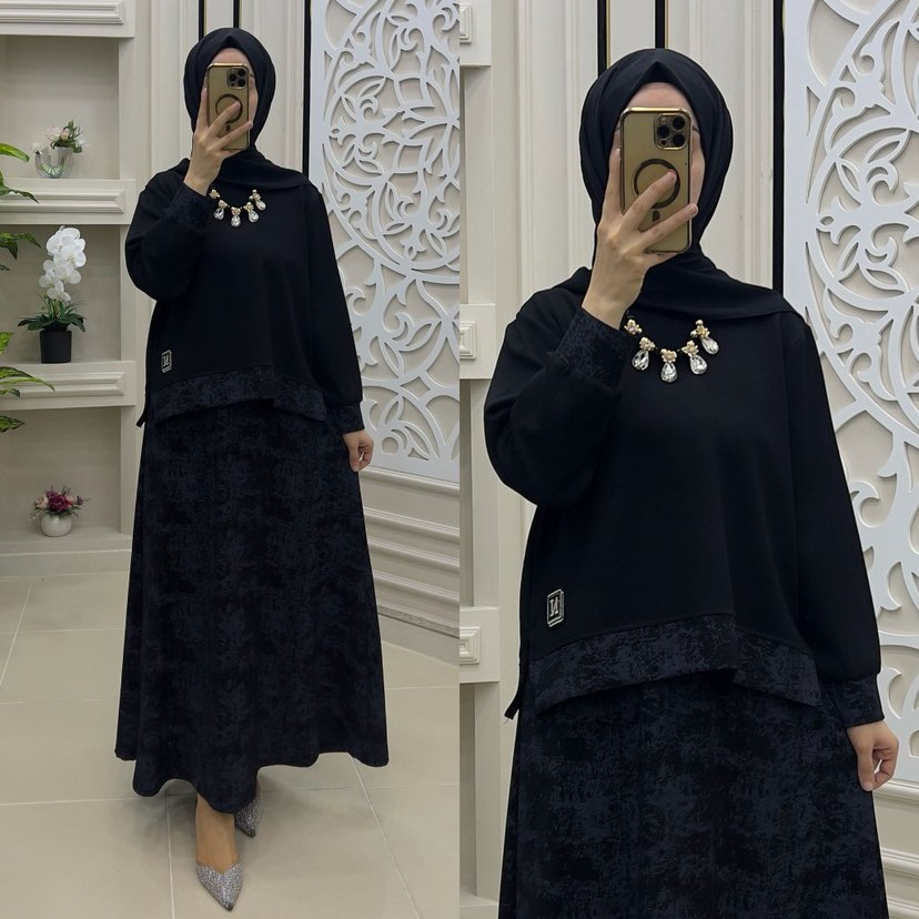 Gri Bağlama Desenli Zincir Detaylı Uzun Elbise - Görsel 4