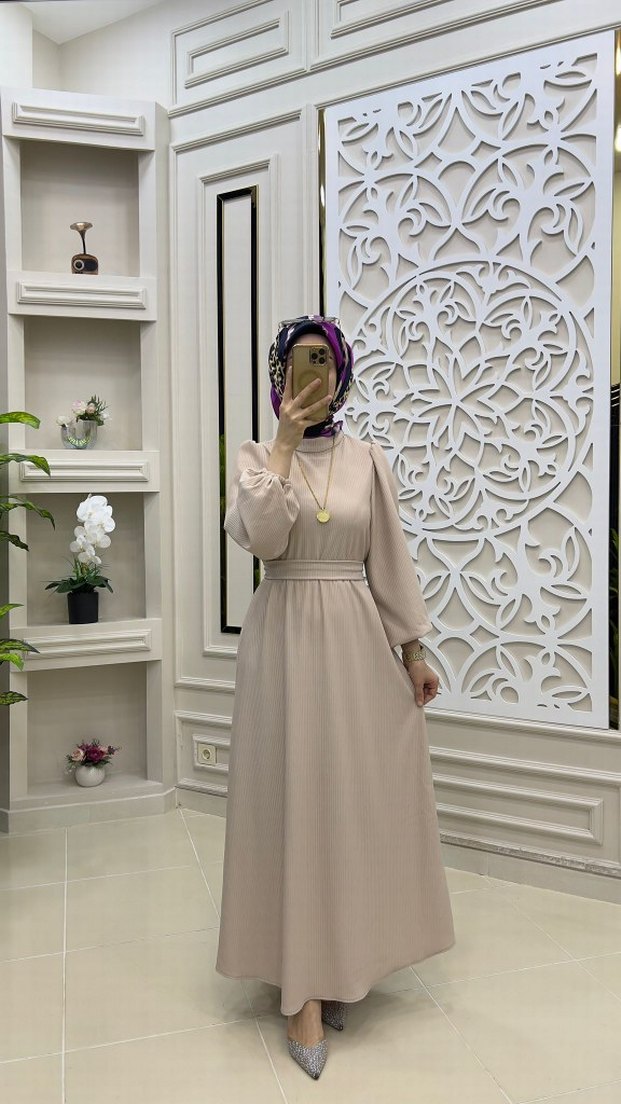 Salaş Kesim, Uzun Kollu Haki Kadın Elbise - Görsel 5