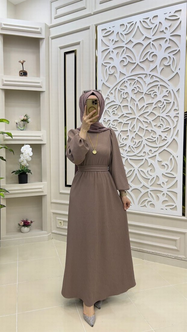 Salaş Kesim, Uzun Kollu Haki Kadın Elbise - Görsel 3