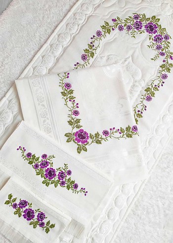 Nakışlı Krem Rengi El Yapımı bohça seti - Görsel 6