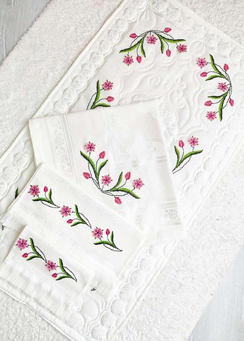 Nakışlı Krem Rengi El Yapımı bohça seti - Görsel 4