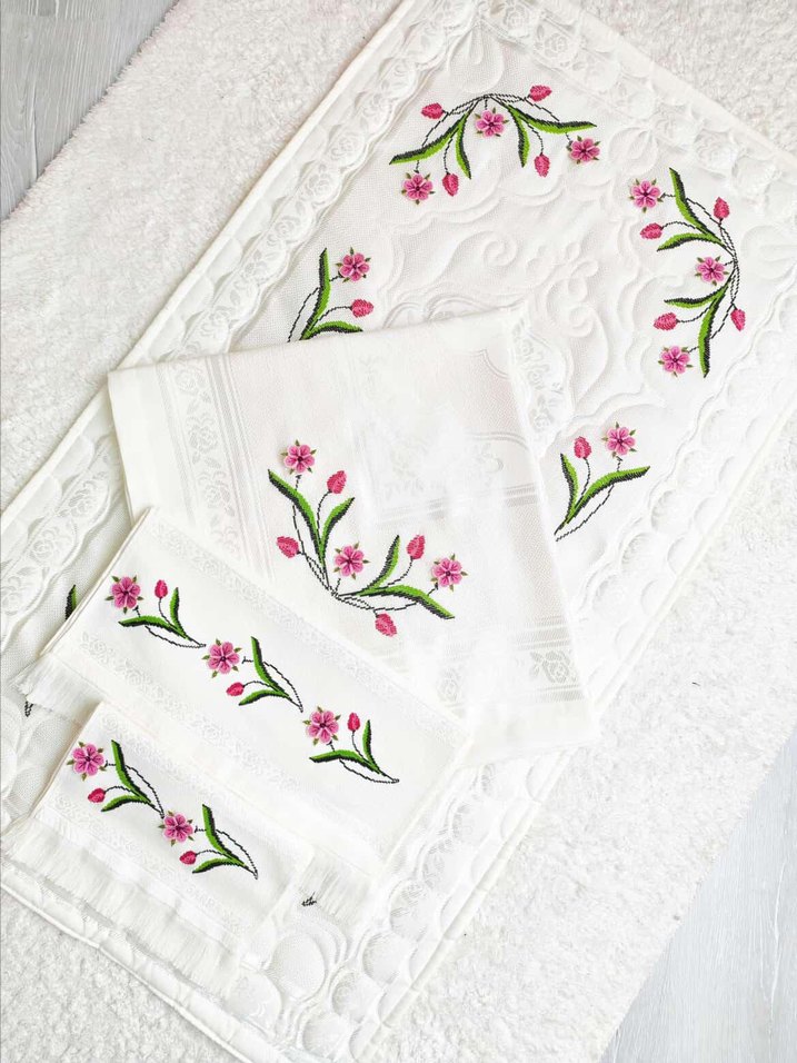 Nakışlı Krem Rengi El Yapımı bohça seti - Görsel 4