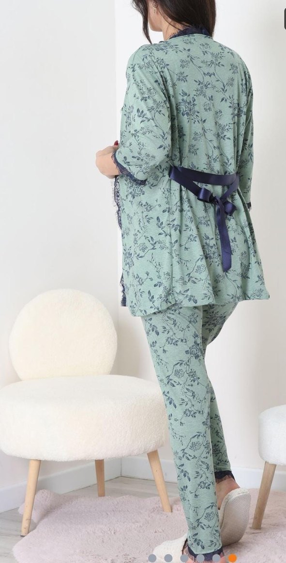 Yeşil Çiçek Desenli Bohem Kadın Pijama Takımı - Görsel 3