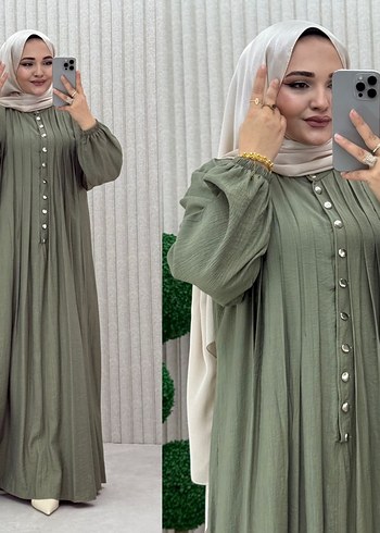 Düğmeli Uzun Keten Kadın Elbise - Görsel 4