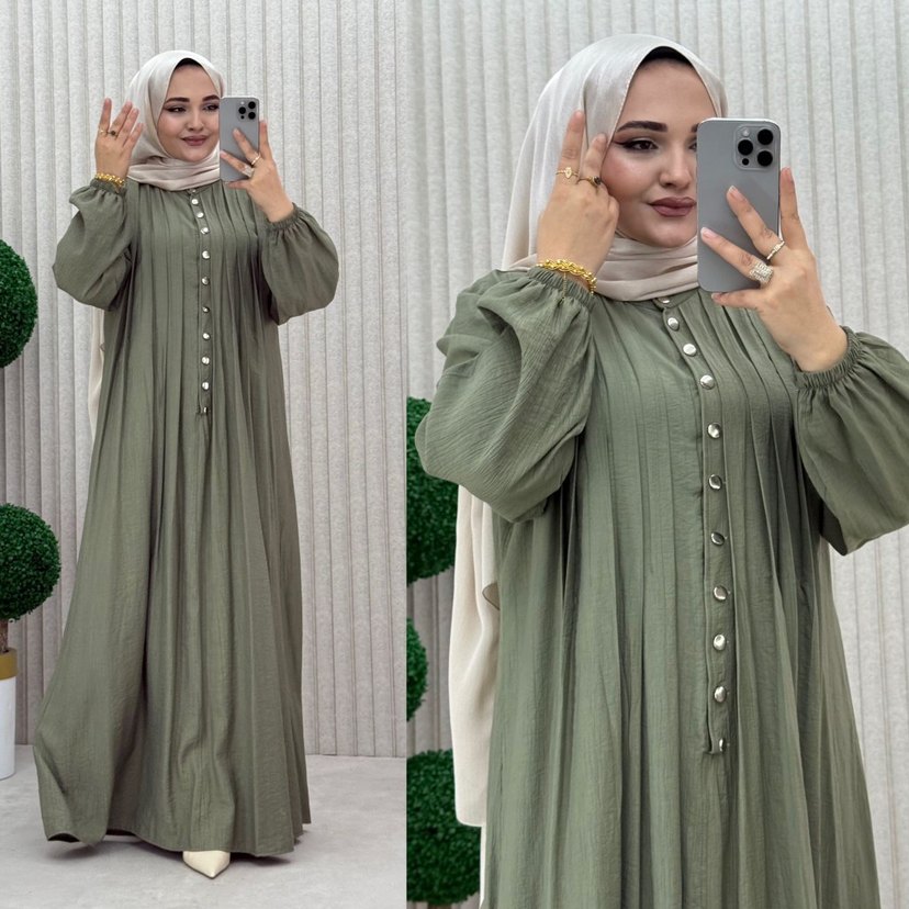 Düğmeli Uzun Keten Kadın Elbise - Görsel 4