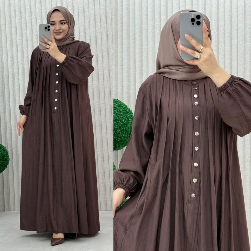 Düğmeli Uzun Keten Kadın Elbise - Görsel 5