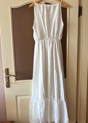 Beyaz Keten Uzun Bohem Elbise - Görsel 3