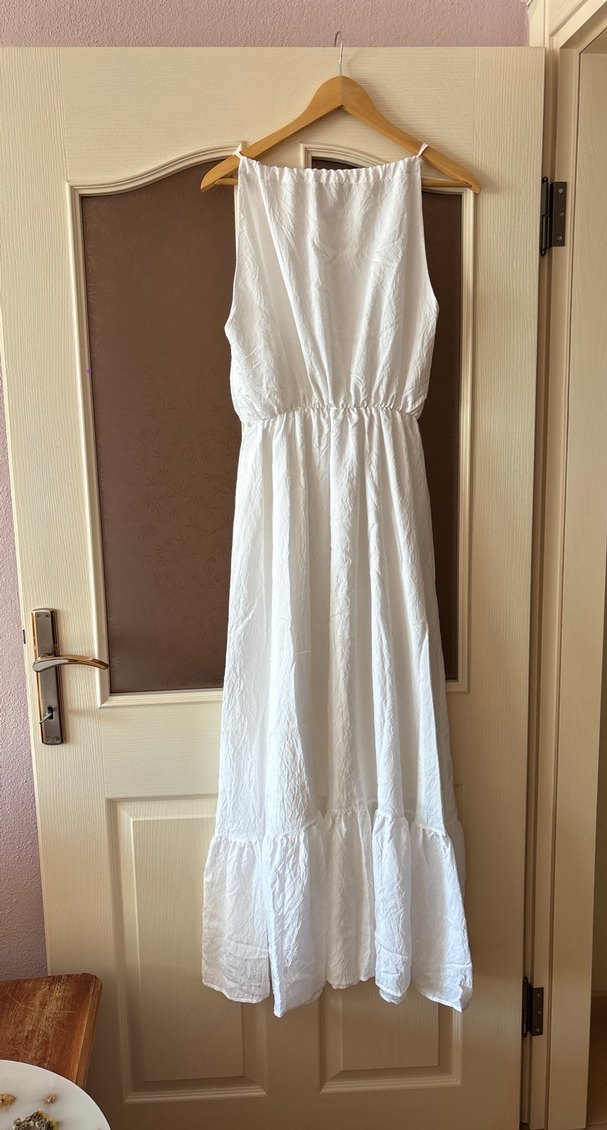 Beyaz Keten Uzun Bohem Elbise - Görsel 3