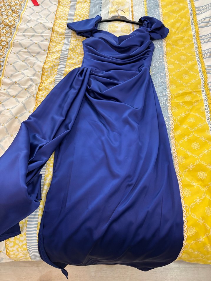 Drapeli Mavi Uzun Abiye Elbise - Görsel 2