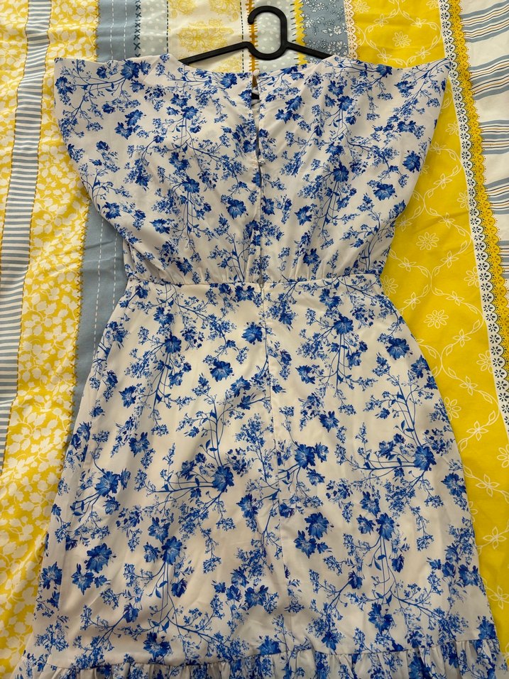 Mavi Çiçekli kısa kollu Midi Elbise - Görsel 2