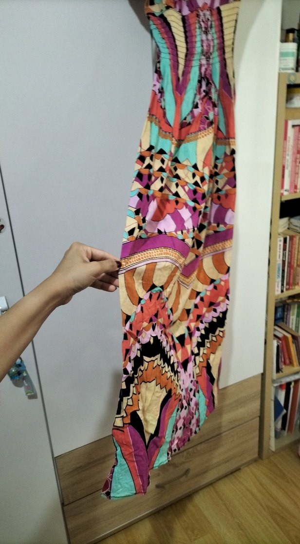 Renkli Kayık Yaka Uzun Bohem Elbise - Görsel 2