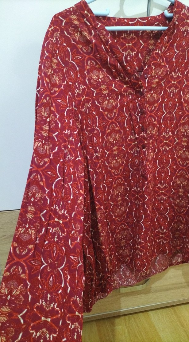 Bordo Bohem Uzun Kollu V Yaka Bluz - Görsel 3