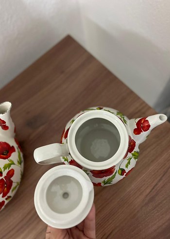 Kırmızı Çiçek Desenli Emaye Demlik - Görsel 3