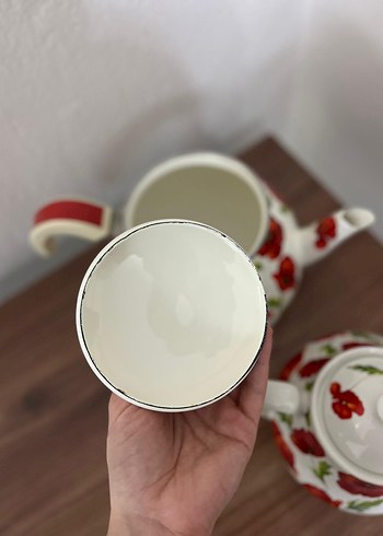 Kırmızı Çiçek Desenli Emaye Demlik - Görsel 8