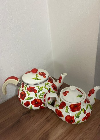 Kırmızı Çiçek Desenli Emaye Demlik - Görsel 5