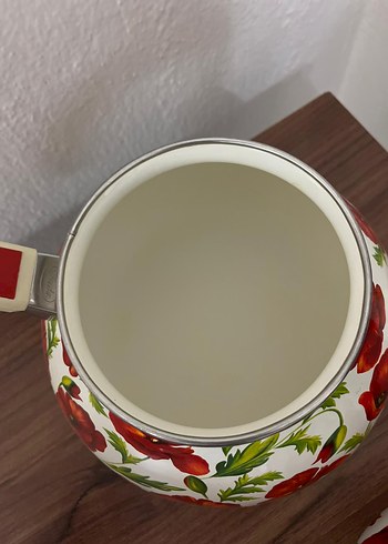 Kırmızı Çiçek Desenli Emaye Demlik - Görsel 6