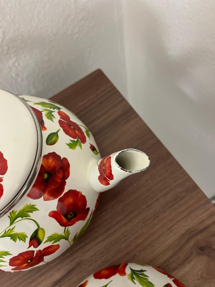 Kırmızı Çiçek Desenli Emaye Demlik - Görsel 4