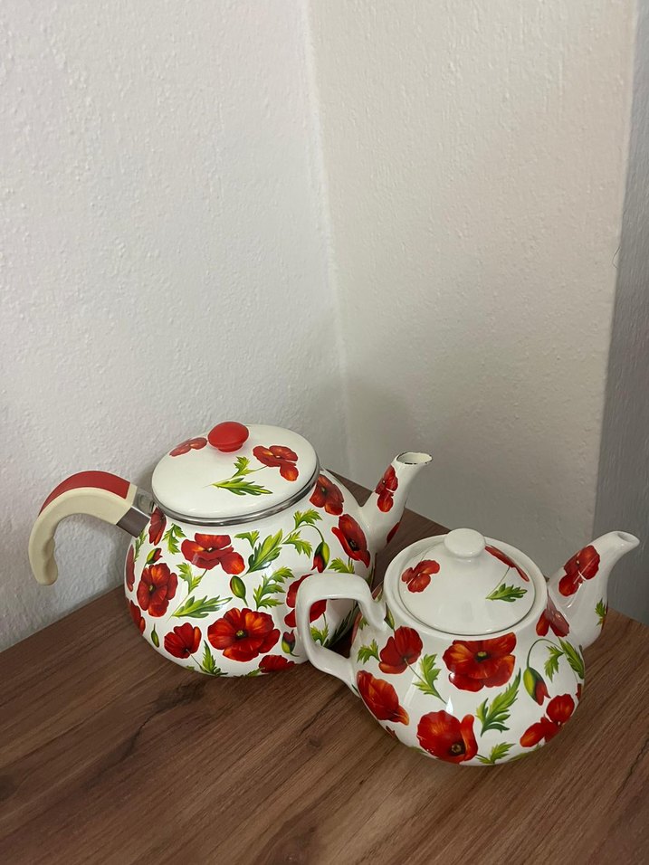 Kırmızı Çiçek Desenli Emaye Demlik - Görsel 5