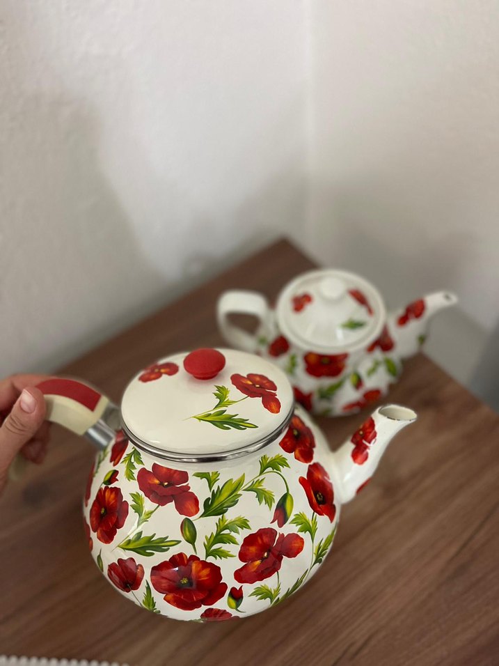 Kırmızı Çiçek Desenli Emaye Demlik - Görsel 2