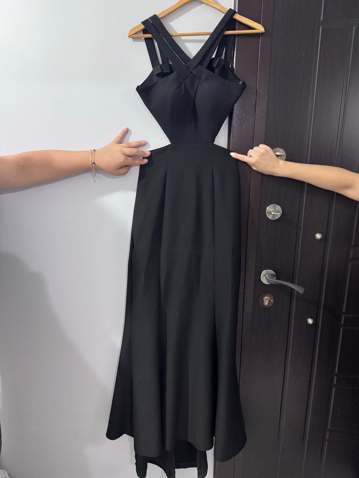 Siyah çapraz yakalı Uzun Elbise - Görsel 2