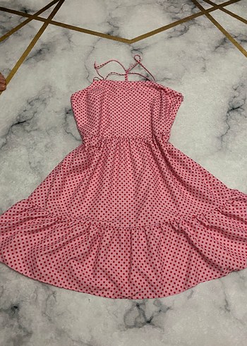 Puantiyeli Pembe Askılı Kadın elbise
