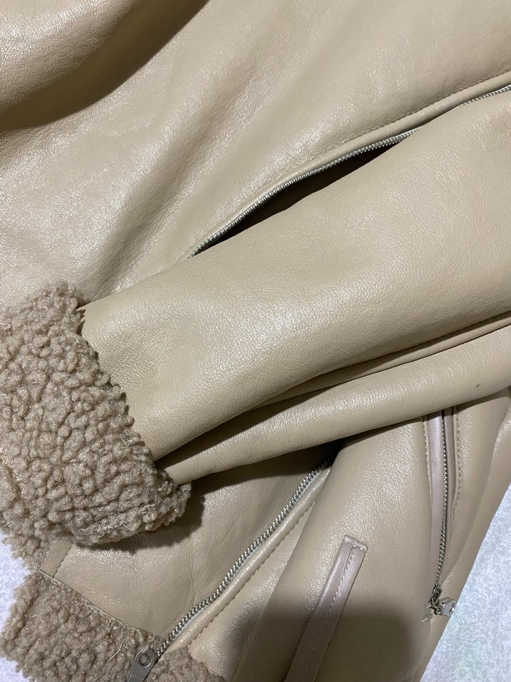 Bej Kürklü Deri Kadın Ceket - Görsel 3