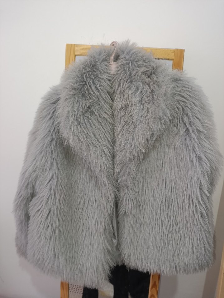 Gri Kadın Bohem Midi Suni Kürk Ceket - Görsel 4