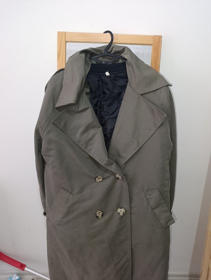 Gri Midi Kadın Keten Trençkot - Görsel 3