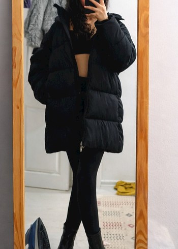 Siyah Kadın Midi Kışlık Fermuarlı Mont - Görsel 8