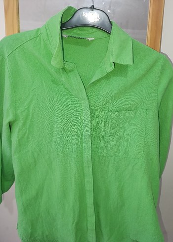 Yeşil Keten Kısa Kollu Gömlek - Görsel 4