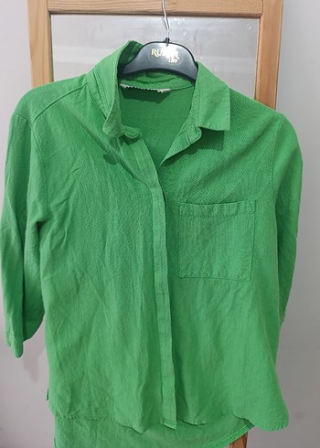 Yeşil Keten Kısa Kollu Gömlek - Görsel 2