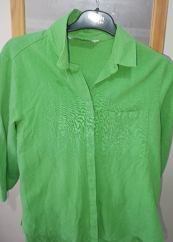 Yeşil Keten Kısa Kollu Gömlek - Görsel 5