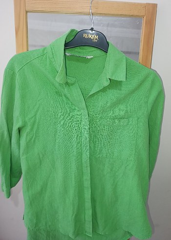 Yeşil Keten Kısa Kollu Gömlek - Görsel 3