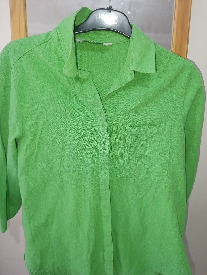 Yeşil Keten Kısa Kollu Gömlek - Görsel 4