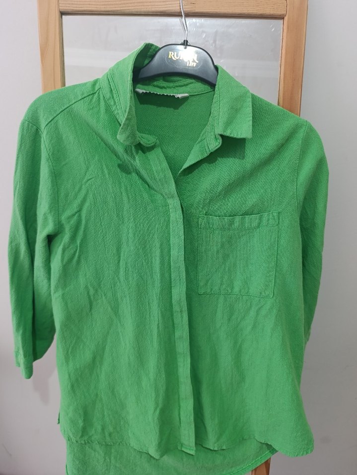Yeşil Keten Kısa Kollu Gömlek - Görsel 2
