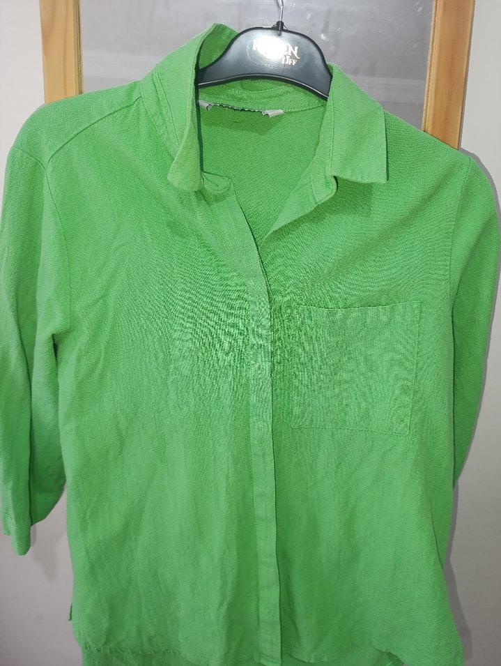 Yeşil Keten Kısa Kollu Gömlek - Görsel 5