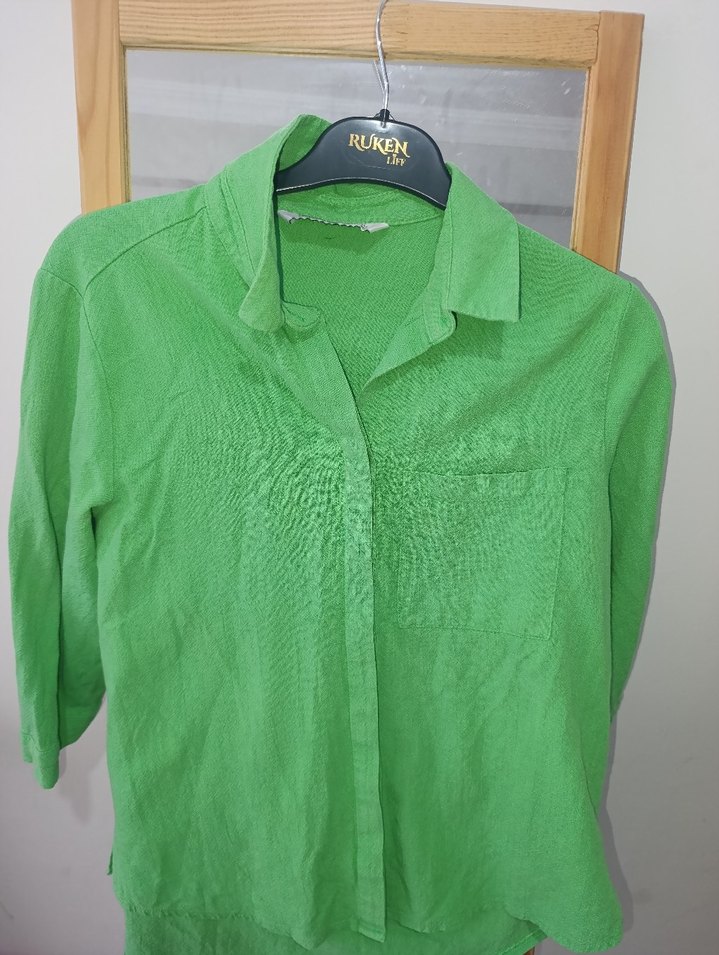 Yeşil Keten Kısa Kollu Gömlek - Görsel 3