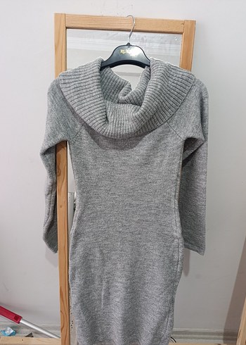 Gri Uzun Kollu Yüksek Yakalı Triko elbise - Görsel 3