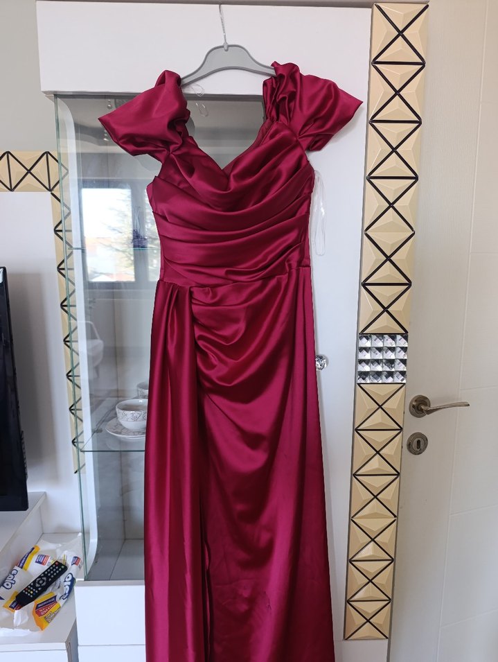 Kırmızı Drapeli Uzun Abiye Elbise - Görsel 4