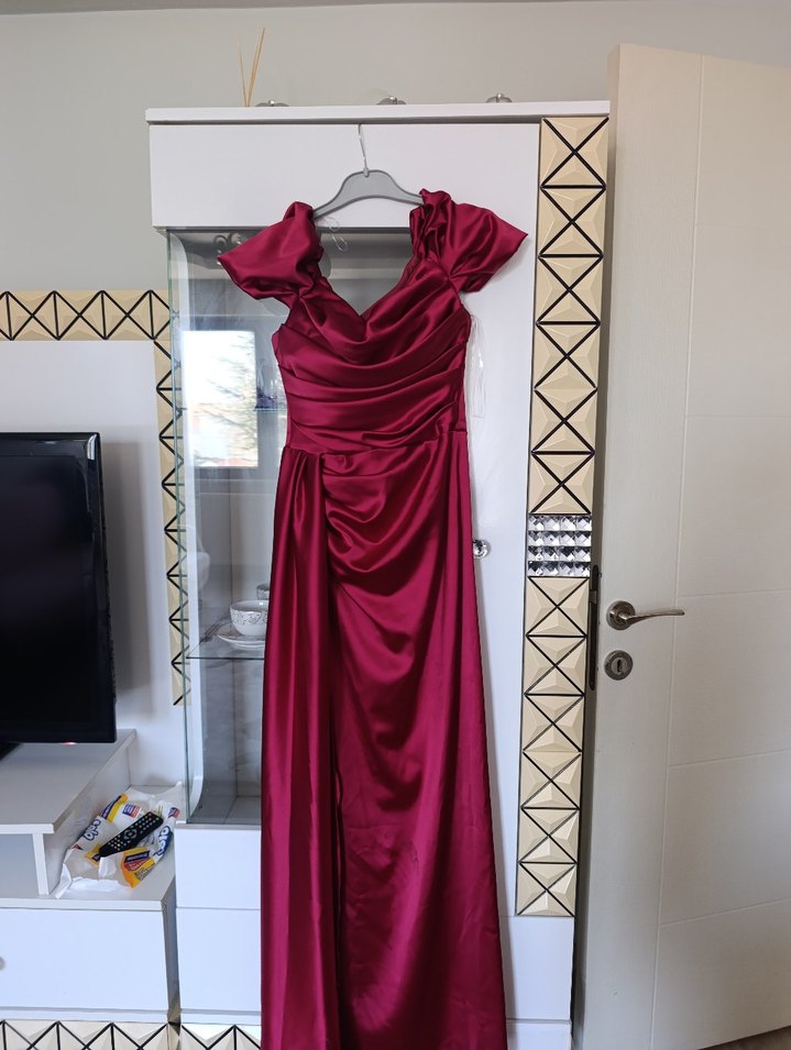 Kırmızı Drapeli Uzun Abiye Elbise - Görsel 5