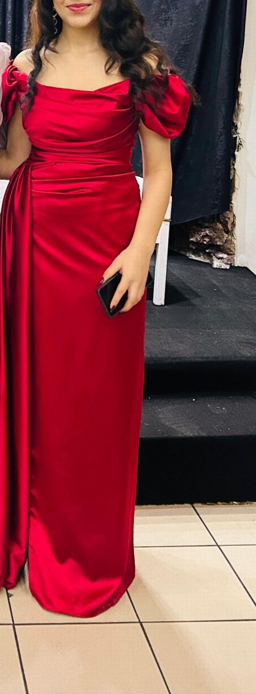 Kırmızı Drapeli Uzun Abiye Elbise - Görsel 3