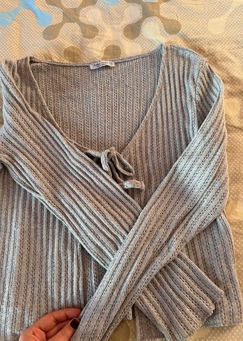 Gri V Yaka Triko Kadın Hırka - Görsel 3