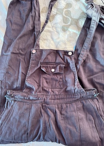 Kahverengi Askılı Midi Kot Tulum - Görsel 4