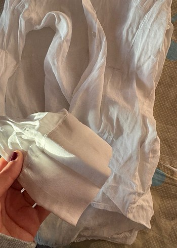 Beyaz Keten Düğmeli Kadın Gömlek - Görsel 4