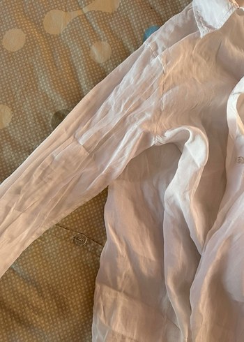 Beyaz Keten Düğmeli Kadın Gömlek - Görsel 3