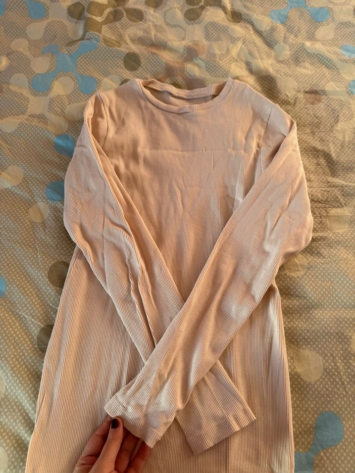 Bej Uzun Kollu Keten Elbise - Görsel 2